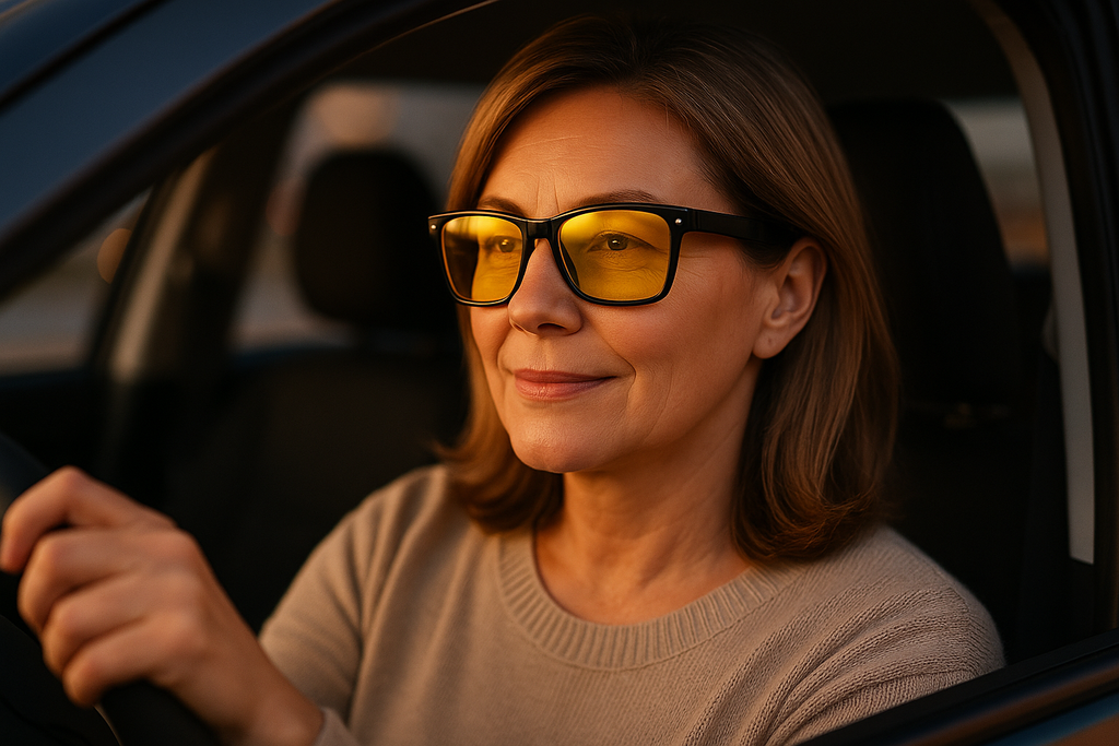 dame rijdt veilig en ontspannen met nachtbril auto